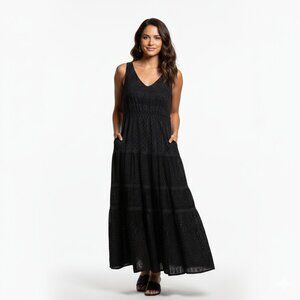 NWT Johnny Was Black Winter Tiered Dress Lined Embroidered Eyelet Maxi Size S
